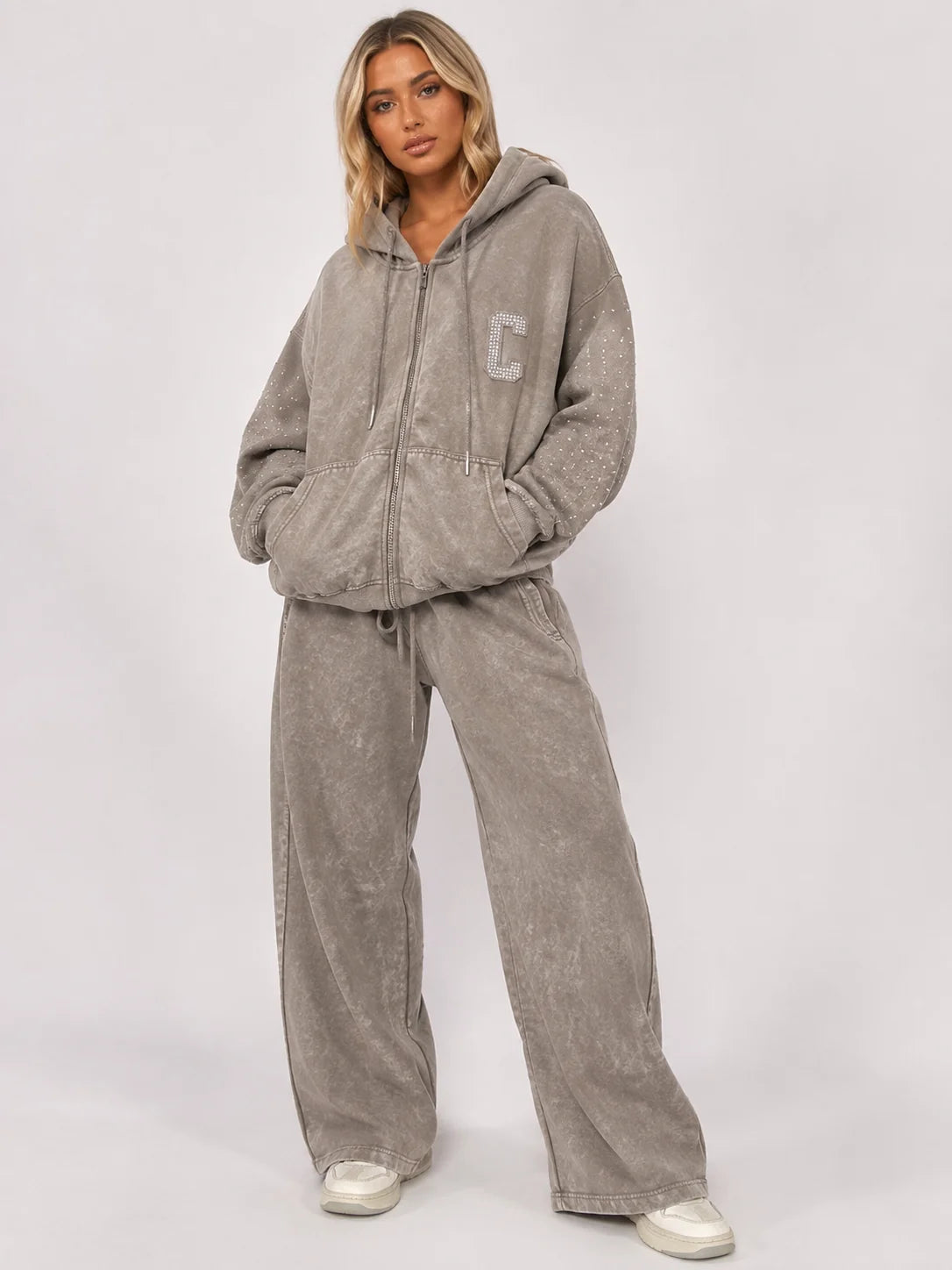 DIAMANTÉ ACID WASH ZIP HOODIE & TROUSER CO-ORD SET in Trendy Acid Wash Style for Modern Fashionistas