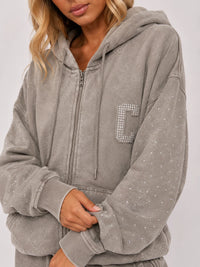 DIAMANTÉ ACID WASH ZIP HOODIE & TROUSER CO-ORD SET in Trendy Acid Wash Style for Modern Fashionistas
