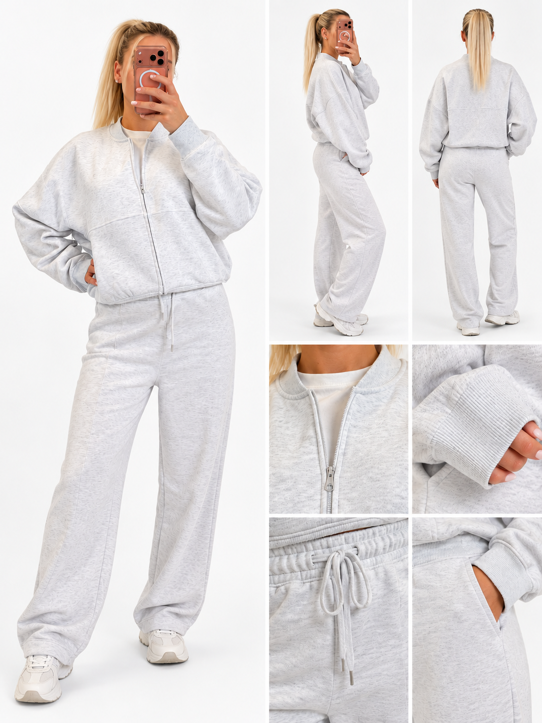 Luxe Elara Grey Zip-Up Wide-Leg Tracksuit Set