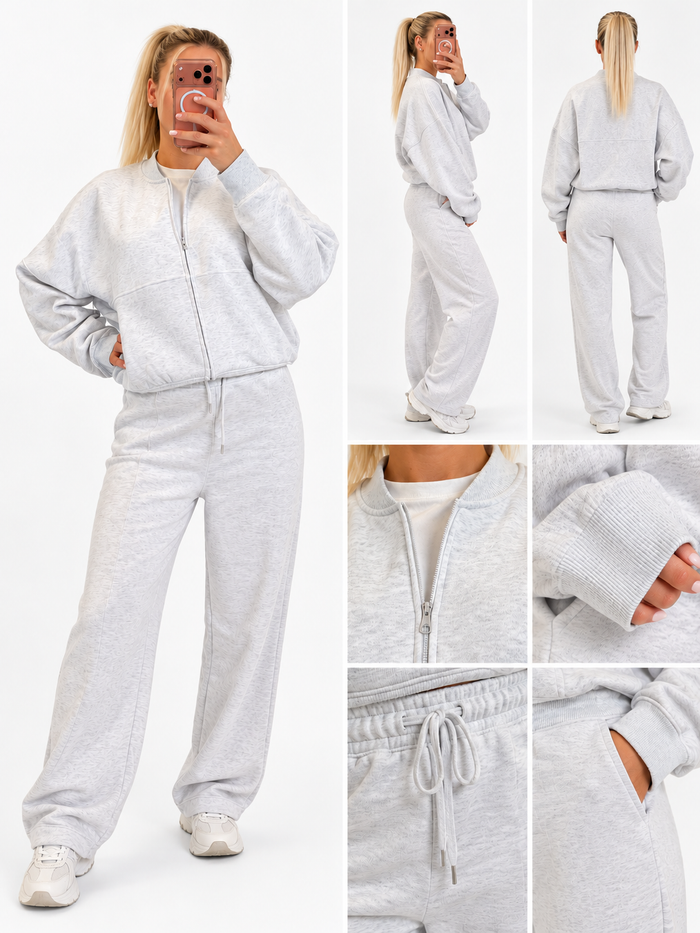 Luxe Elara Grey Zip-Up Wide-Leg Tracksuit Set