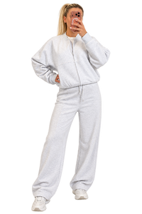 Luxe Elara Grey Zip-Up Wide-Leg Tracksuit Set
