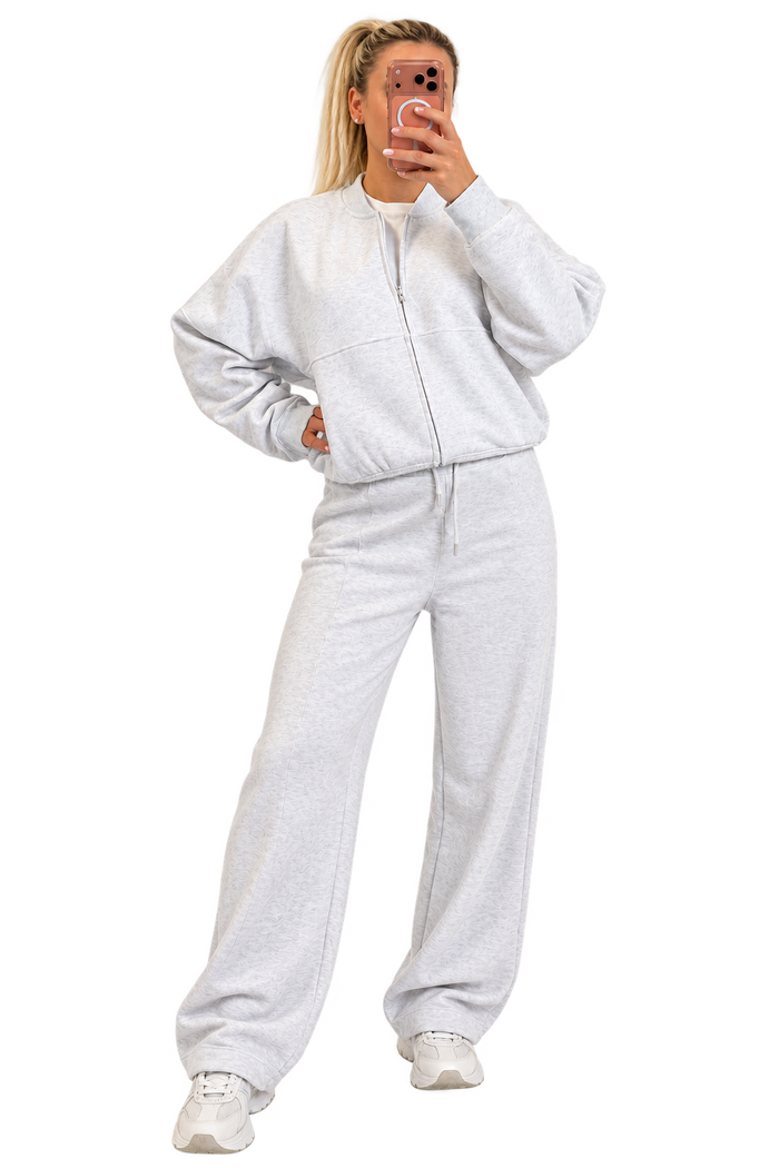 Luxe Elara Grey Zip-Up Wide-Leg Tracksuit Set