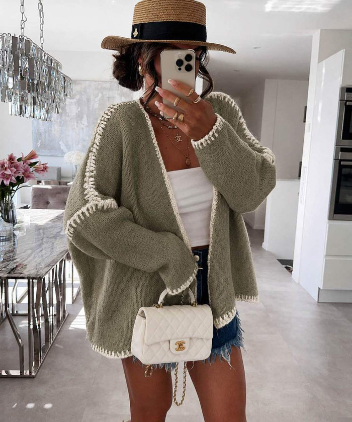 Cream & Pink contrast stitch cardigan