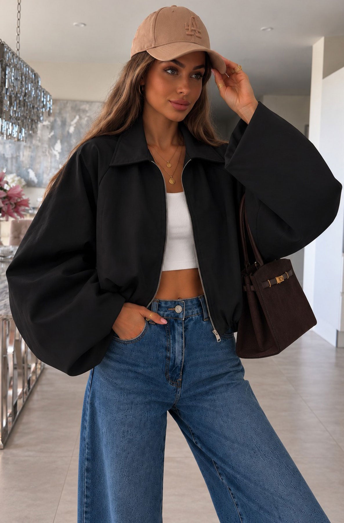 Black balloon sleeve zip jacket