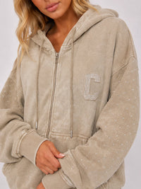 DIAMANTÉ ACID WASH ZIP HOODIE & TROUSER CO-ORD SET in Trendy Acid Wash Style for Modern Fashionistas