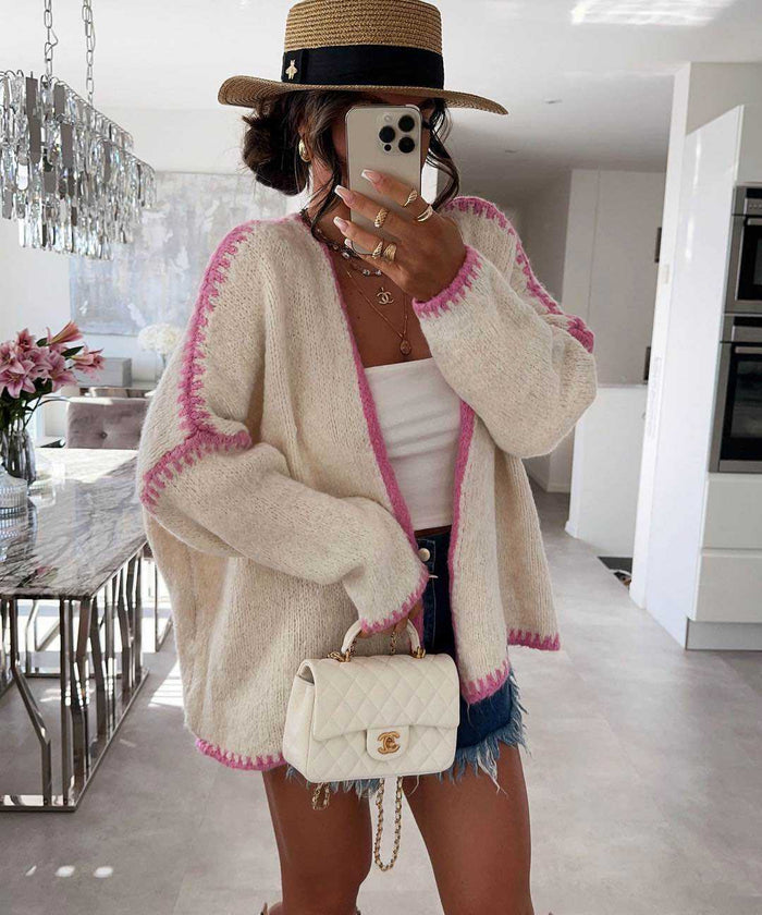 Cream & Taupe contrast stitch cardigan