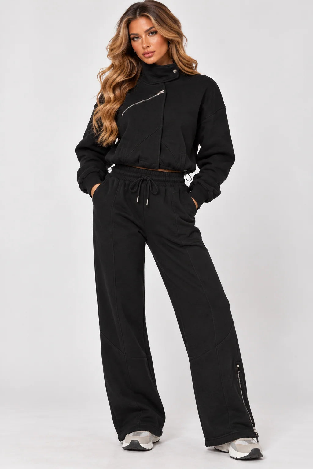 Luxe Asymmetric Zip Tracksuit – Black