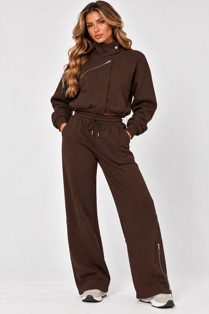 Luxe Asymmetric Zip Tracksuit – Chocolate