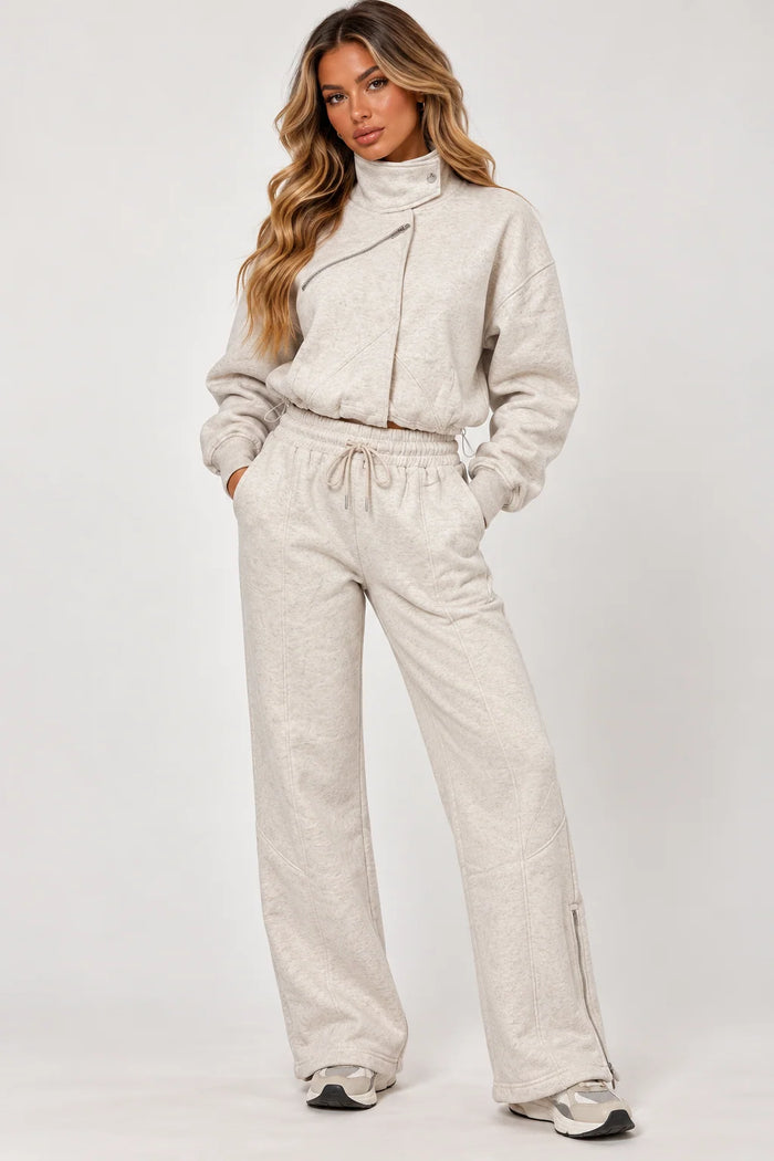 Luxe Asymmetric Zip Tracksuit – Oatmeal